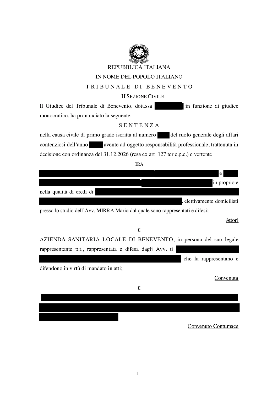 Pagina 1 della sentenza con i dati personali oscurati