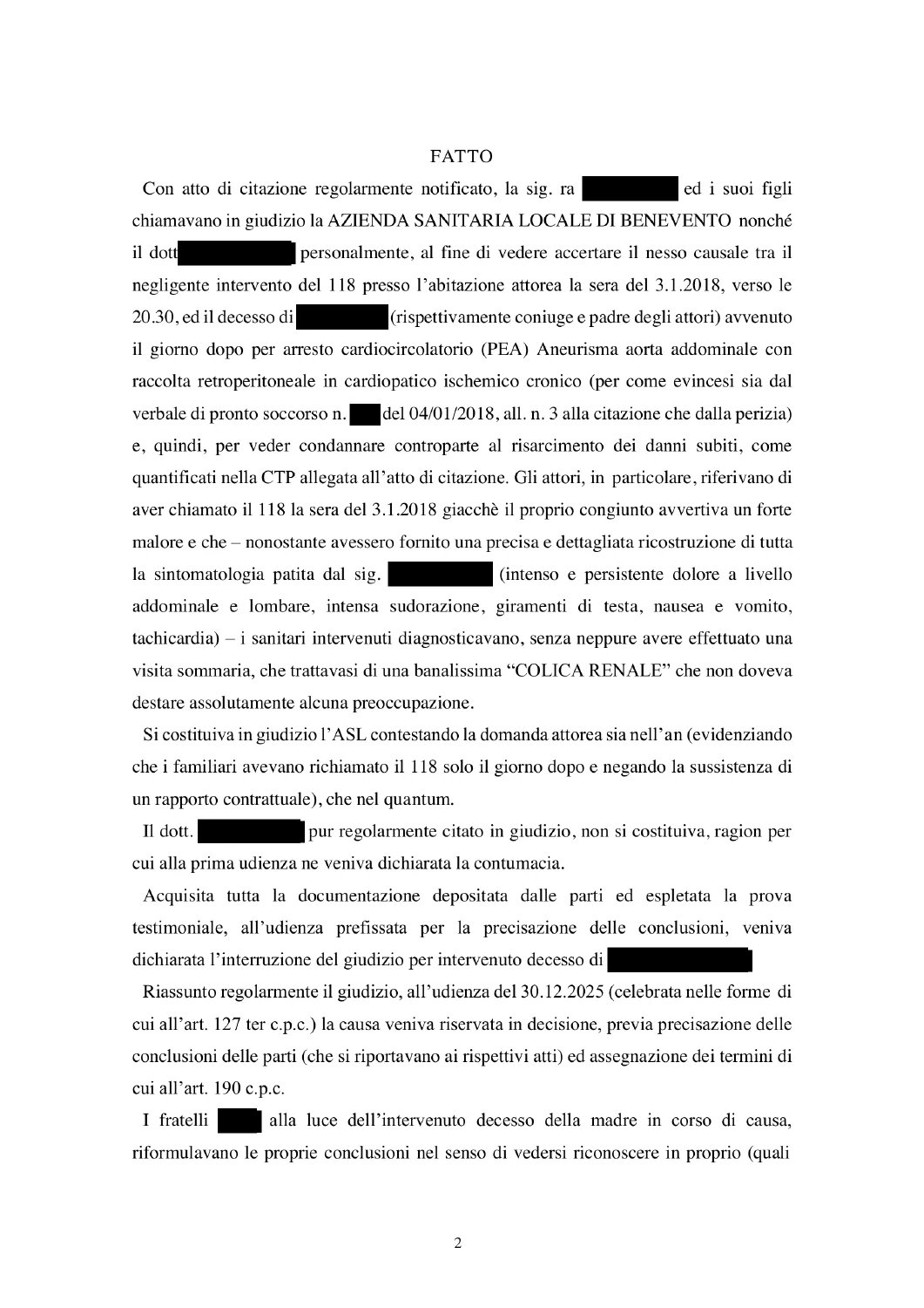 Pagina 2 della sentenza con i dati personali oscurati