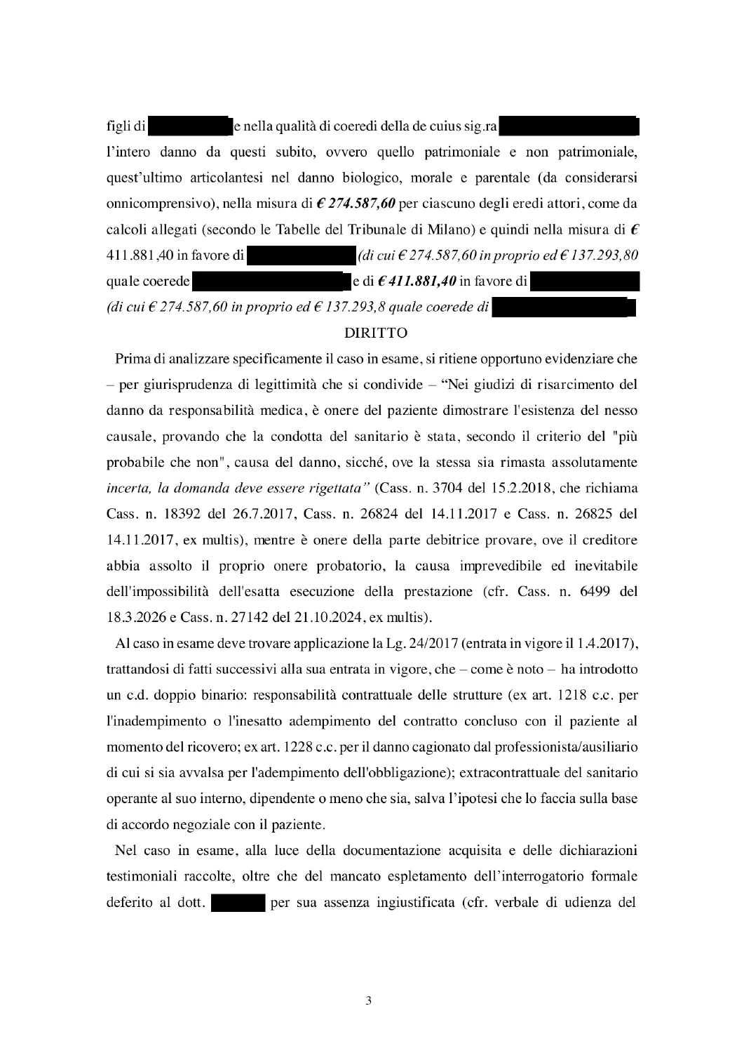 Pagina 3 della sentenza con i dati personali oscurati