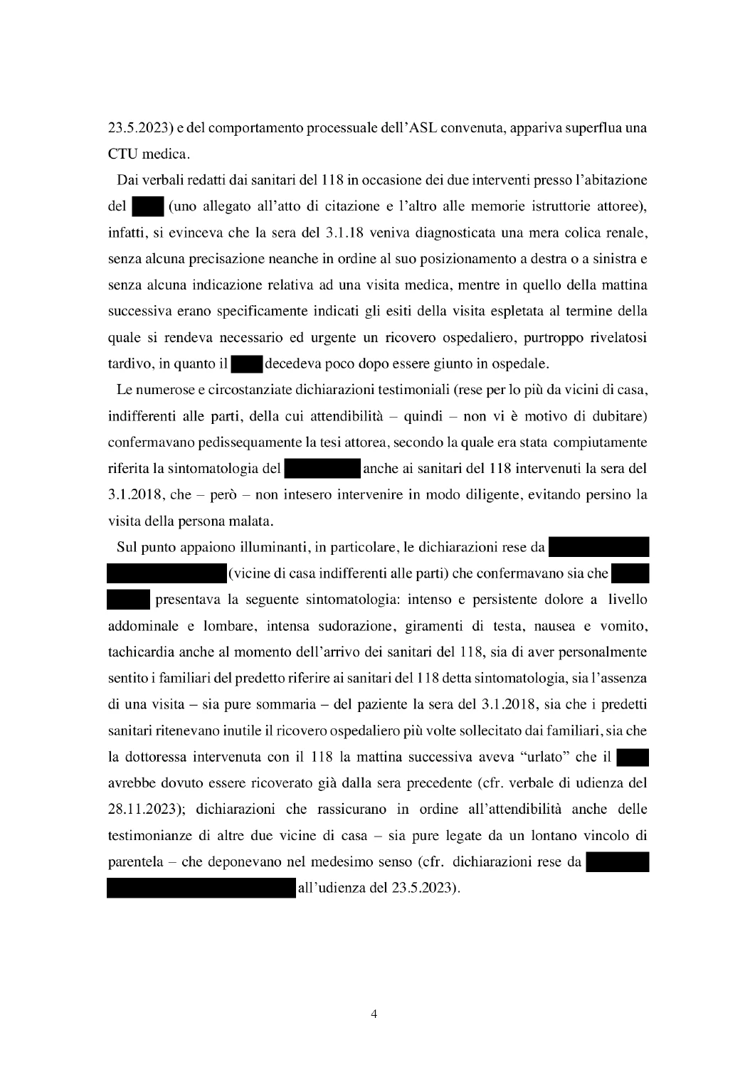Pagina 4 della sentenza con i dati personali oscurati