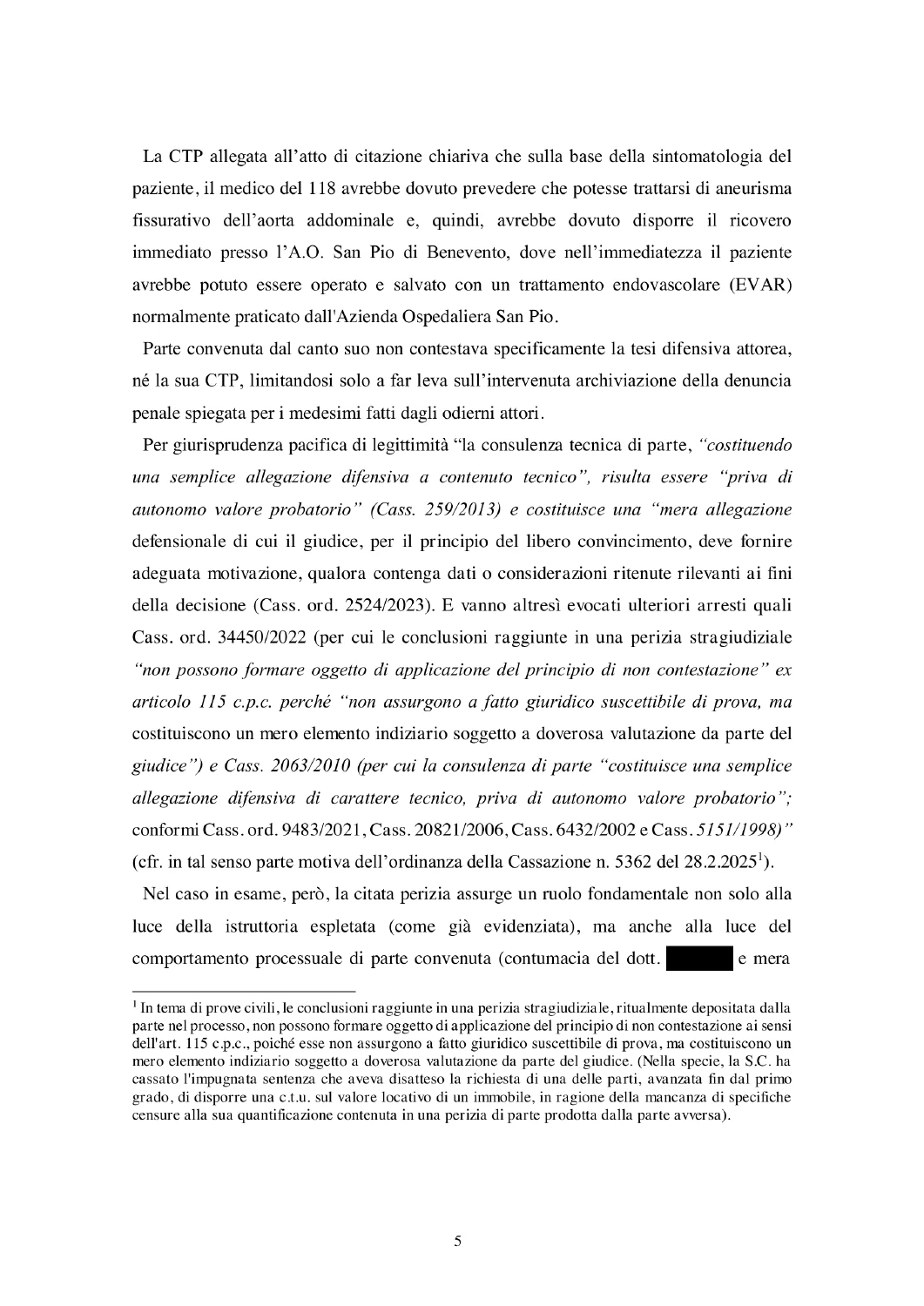 Pagina 5 della sentenza con i dati personali oscurati