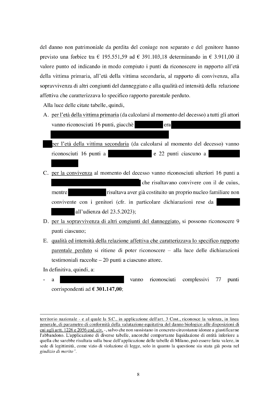 Pagina 8 della sentenza con i dati personali oscurati