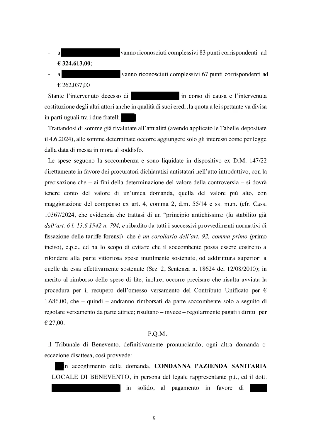 Pagina 9 della sentenza con i dati personali oscurati