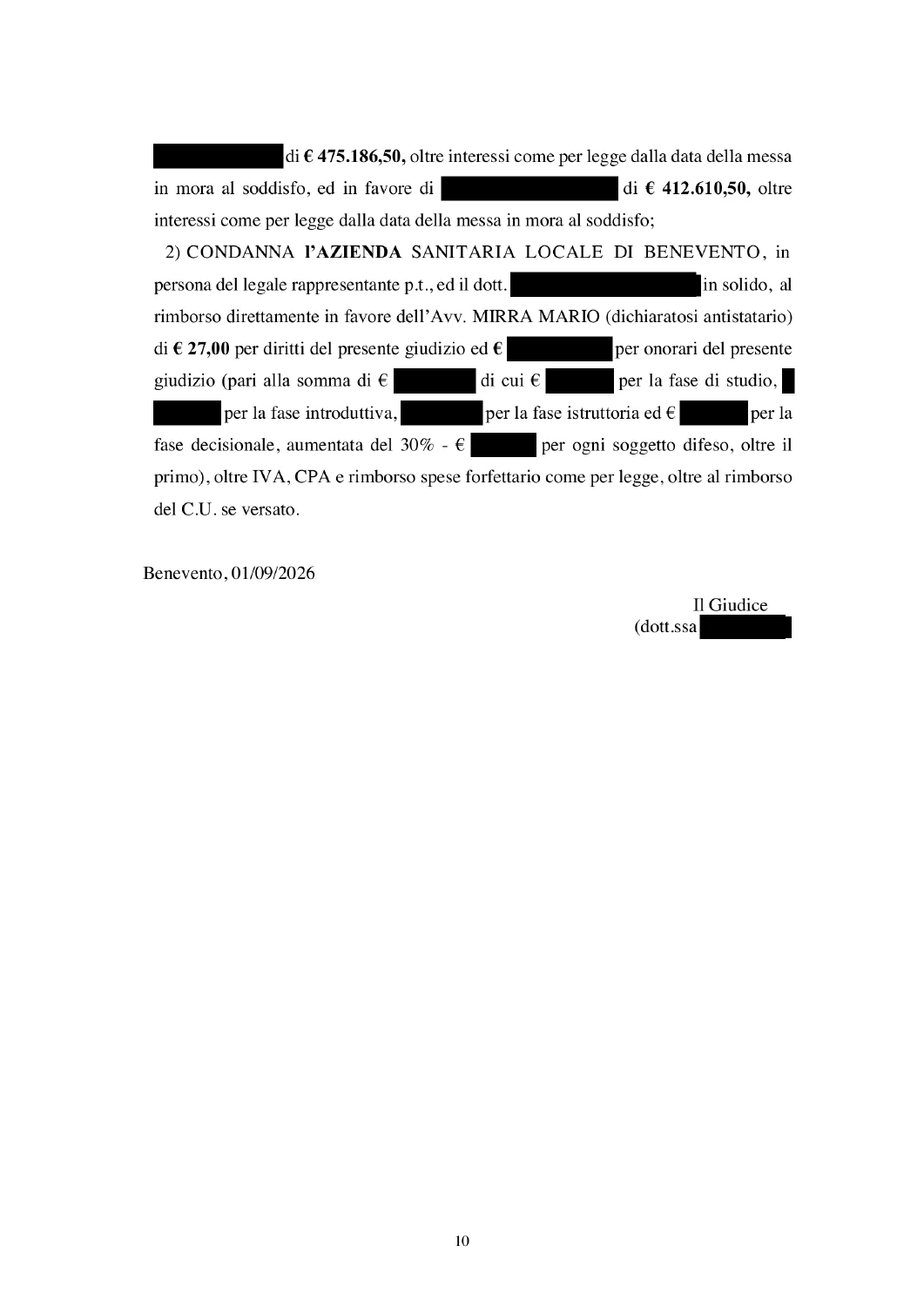Pagina 10 della sentenza con i dati personali oscurati